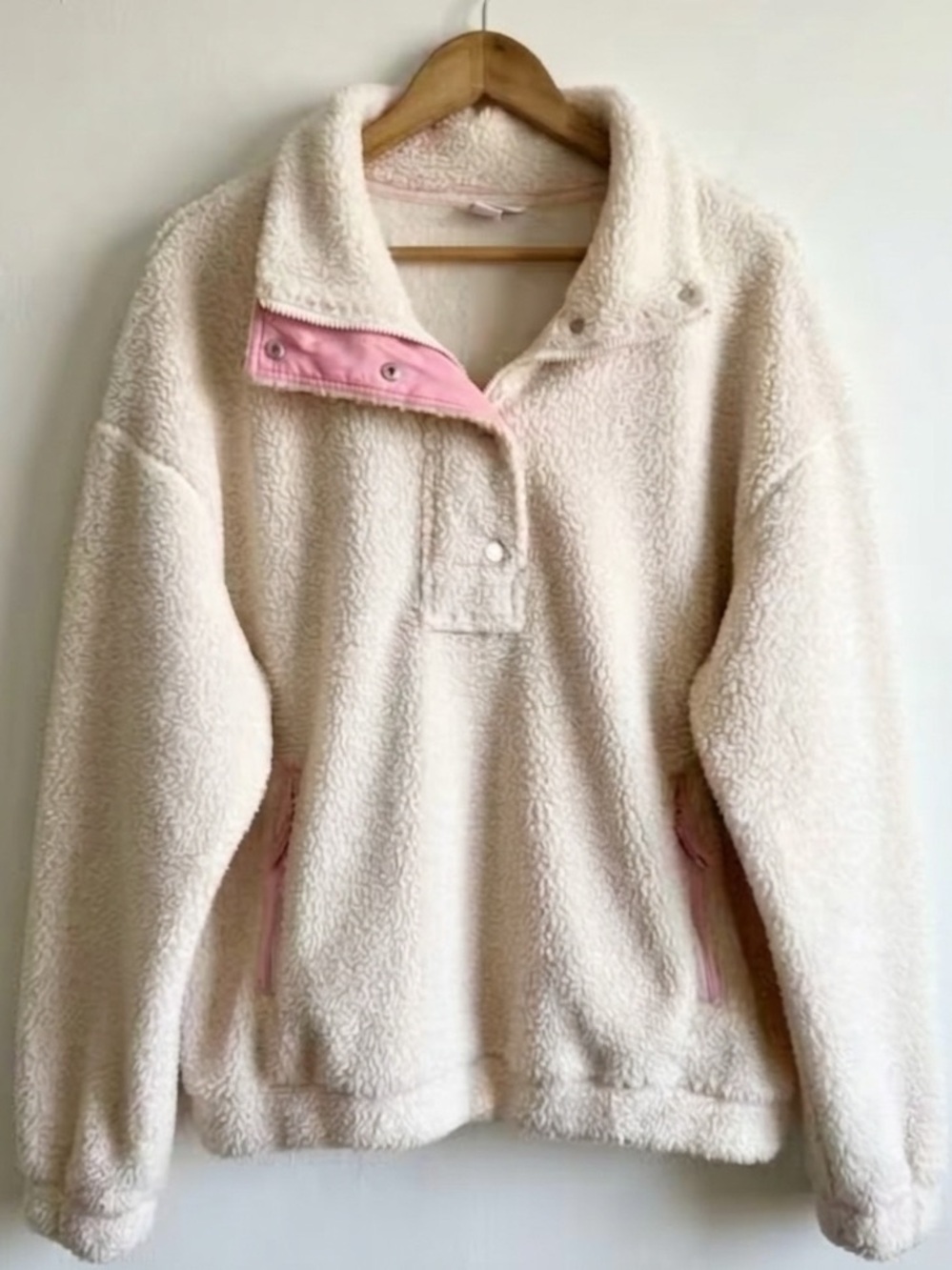 Cozy Cream Sherpa Snap Button Pullover Fleece with Pink Trim - Size 3X